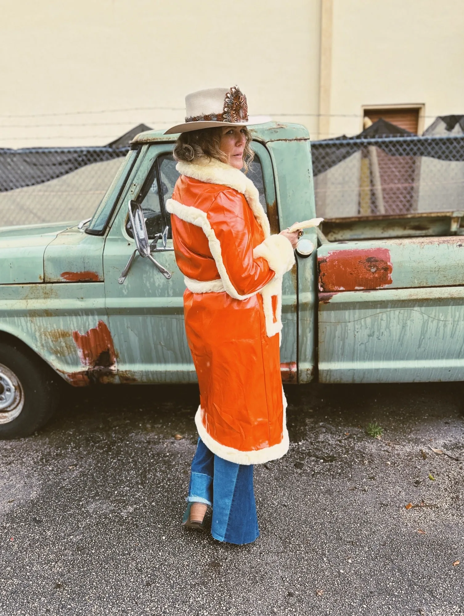 Get The Funk Out Ma Face Orange Patent Leather Fur Trim Trench Coat