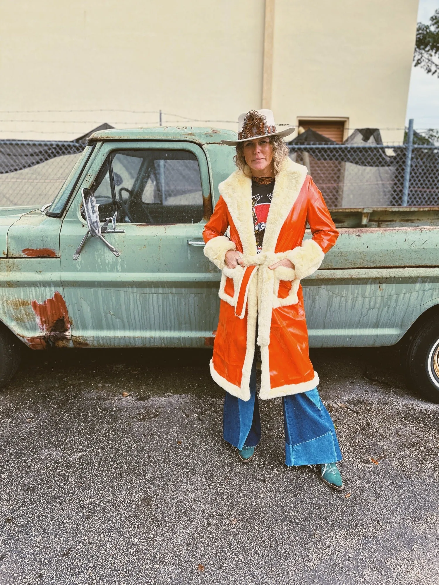 Get The Funk Out Ma Face Orange Patent Leather Fur Trim Trench Coat