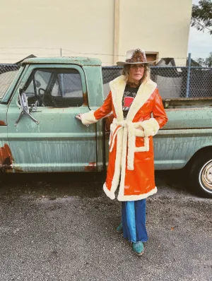 Get The Funk Out Ma Face Orange Patent Leather Fur Trim Trench Coat