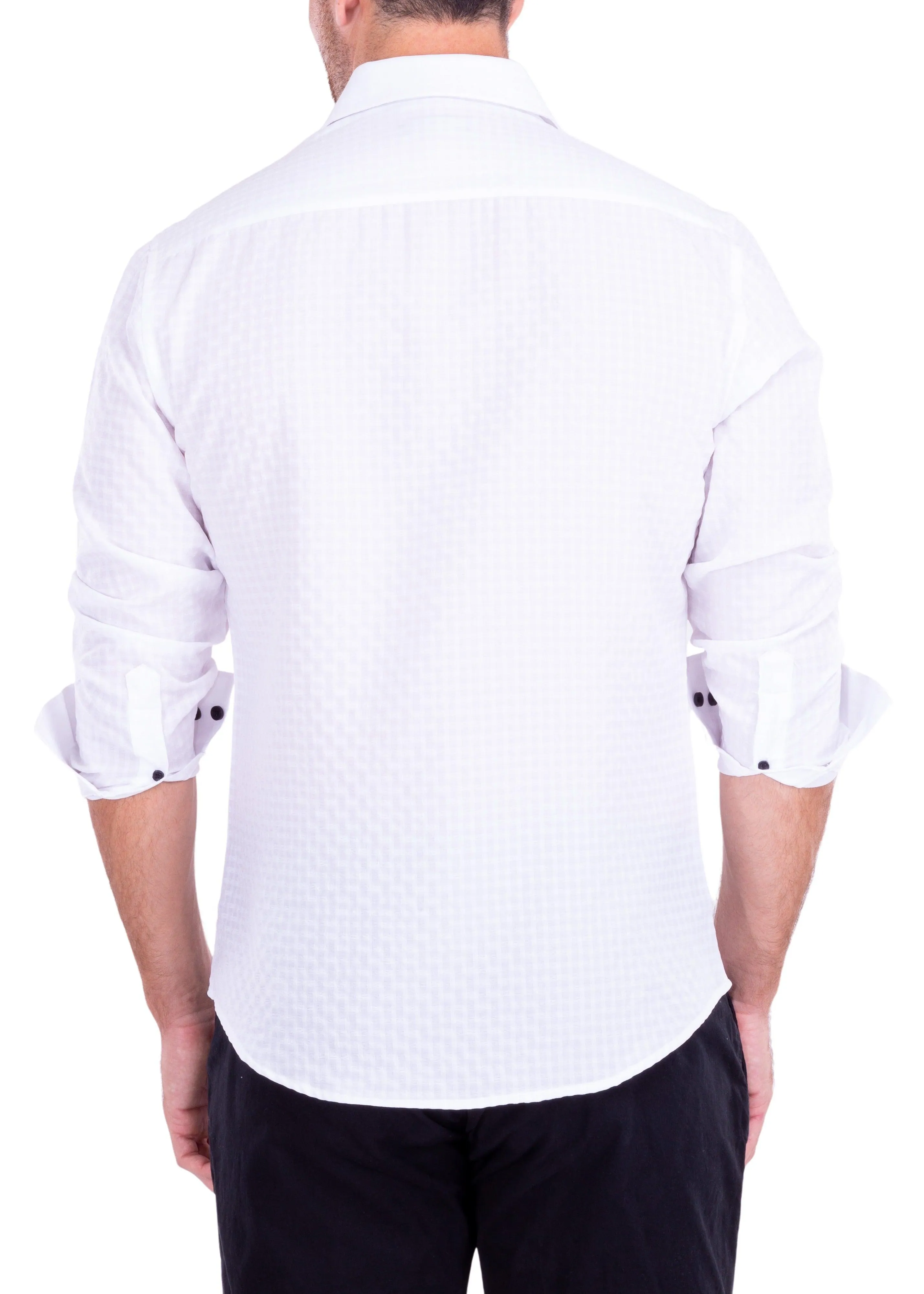 Gingham Texture Solid White Button Up Long Sleeve Dress Shirt