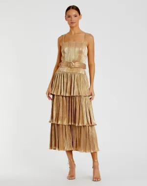 Gold Ruffle Tiered Buckle Detail Dress