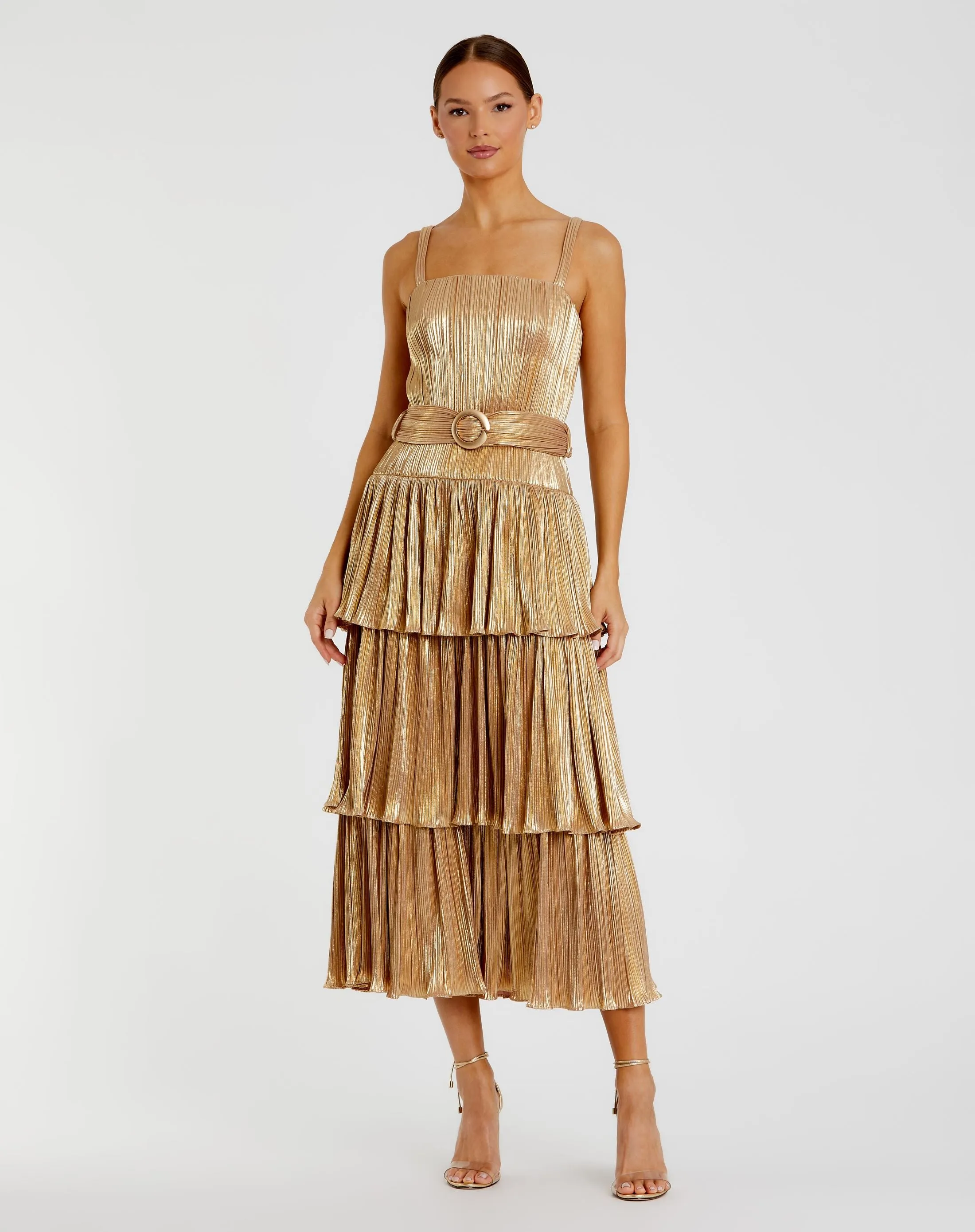 Gold Ruffle Tiered Buckle Detail Dress
