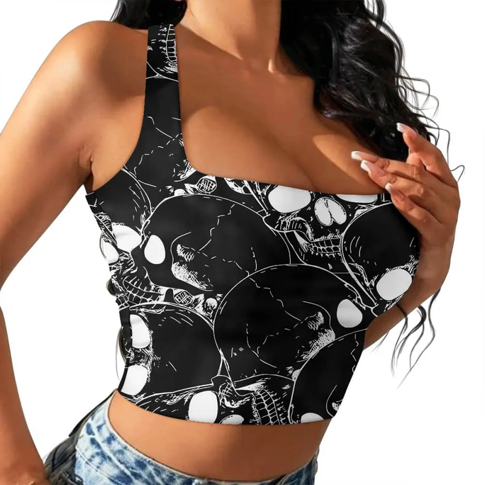 Gothic Skull Print Off-The-Shoulder One-Sided Sling Vest