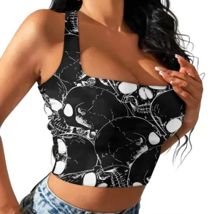 Gothic Skull Print Off-The-Shoulder One-Sided Sling Vest