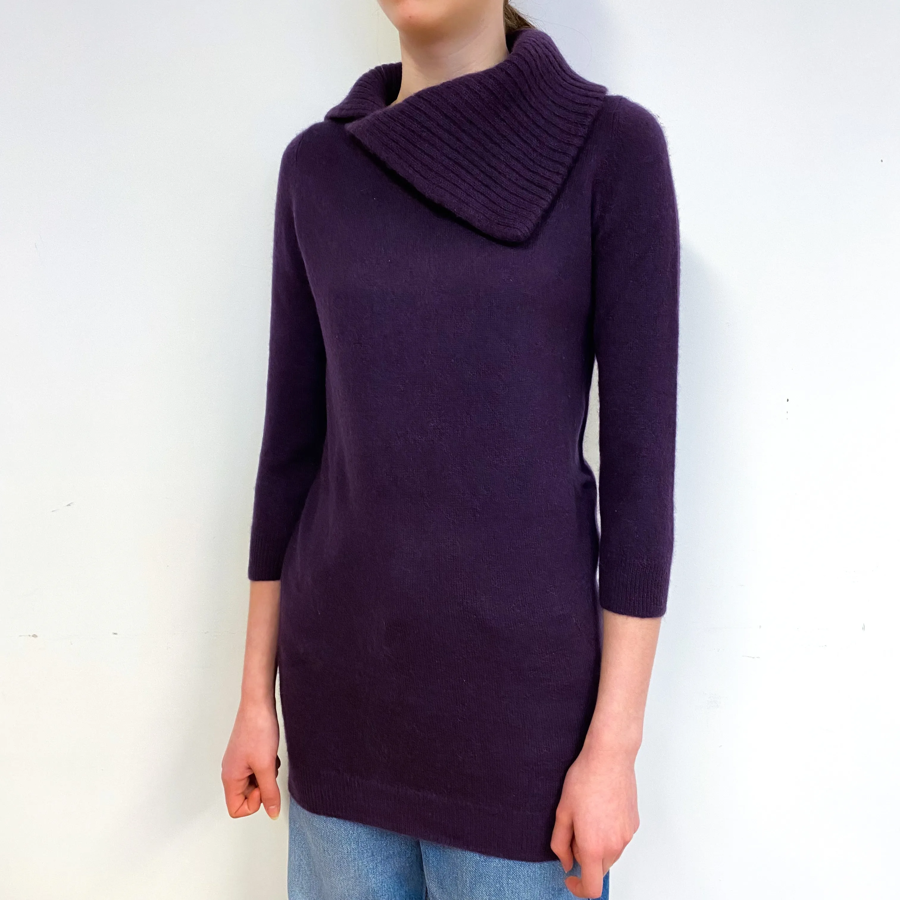 Grape Purple Ribbed Cashmere Split Polo Neck Jumper Extra Small