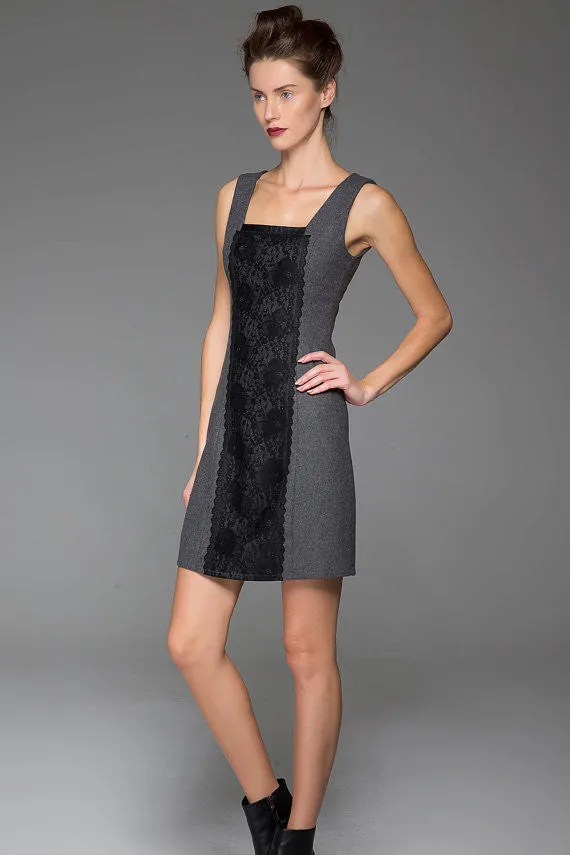 Gray Wool Vest Winter Underwear Dress Warm Vest Dress With Black Lace Stitching (1446)