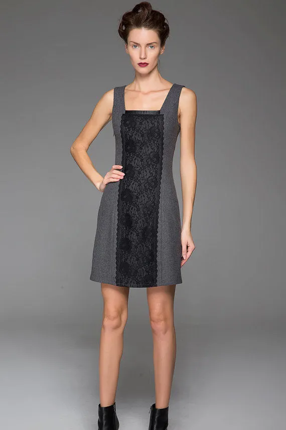 Gray Wool Vest Winter Underwear Dress Warm Vest Dress With Black Lace Stitching (1446)