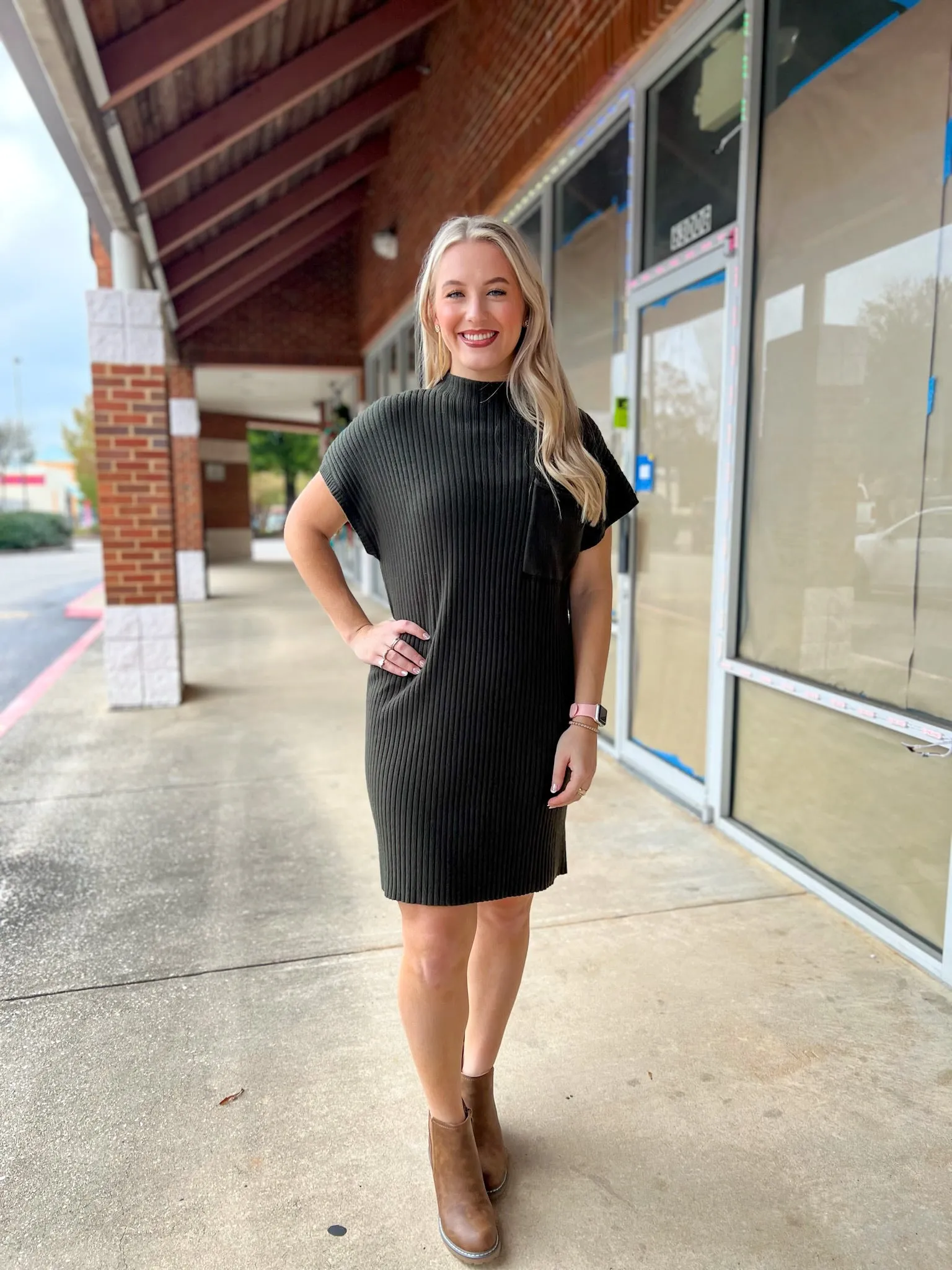 Greatest Of All Time Olive Drop Shoulder Fitted Sweater Dress with Chest Pocket