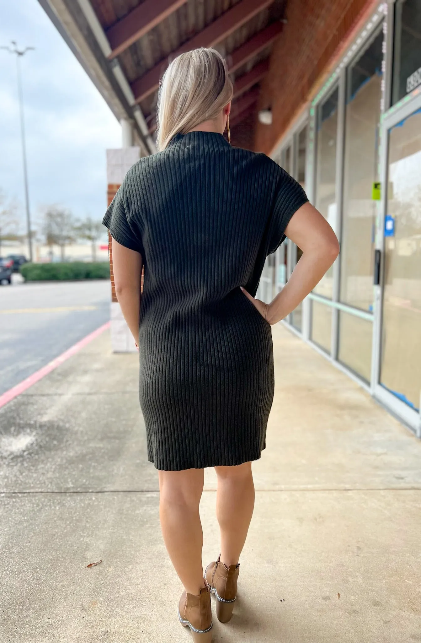 Greatest Of All Time Olive Drop Shoulder Fitted Sweater Dress with Chest Pocket