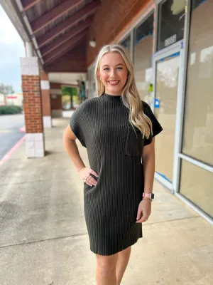 Greatest Of All Time Olive Drop Shoulder Fitted Sweater Dress with Chest Pocket
