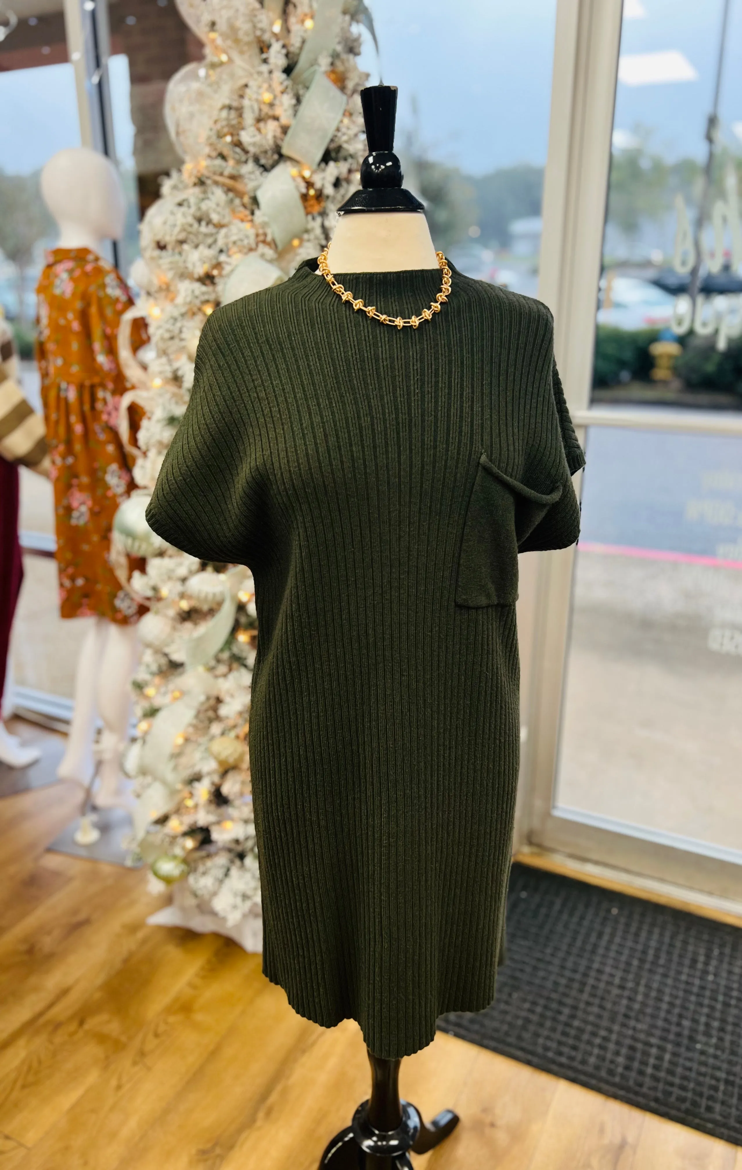 Greatest Of All Time Olive Drop Shoulder Fitted Sweater Dress with Chest Pocket