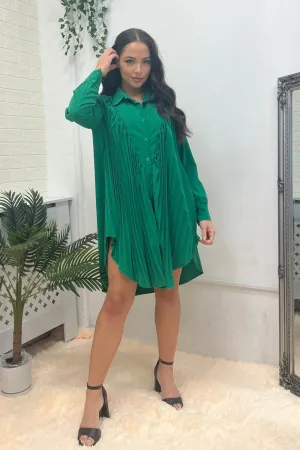 GREEN BUTTON DOWN PLEATED SHIRT DRESS