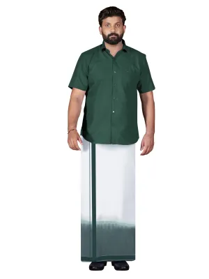 Green Two Tone Double Dhothie   Shirt Set Half Sleeve