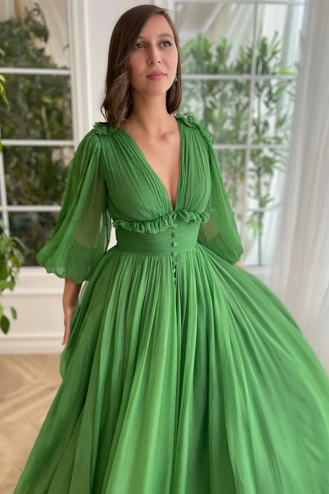 Green V-Neck Chiffon Floor Length Prom Dress, Beautiful A-Line Evening Party Dress