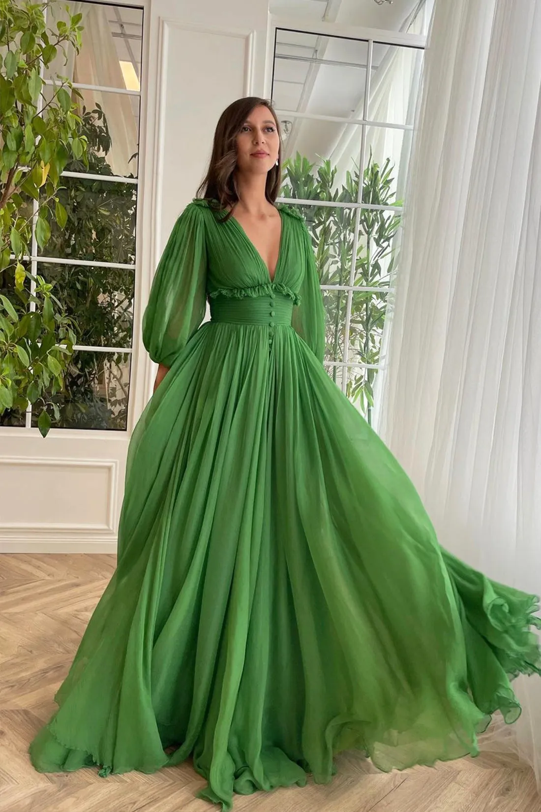 Green V-Neck Chiffon Floor Length Prom Dress, Beautiful A-Line Evening Party Dress