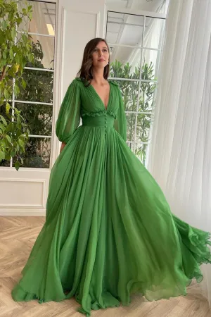 Green V-Neck Chiffon Floor Length Prom Dress, Beautiful A-Line Evening Party Dress