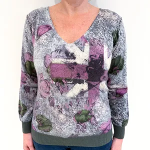 Grey and Loganberry Abstract V-Neck Jumper Large