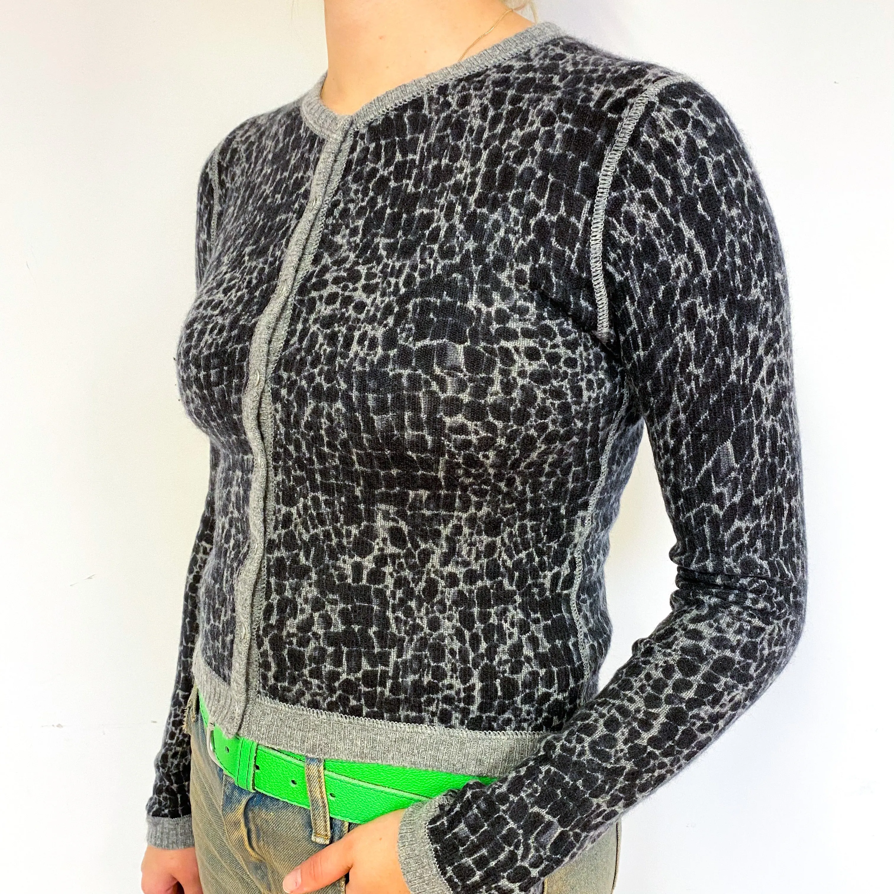 Grey Animal Print Cashmere Cropped Cardigan Small