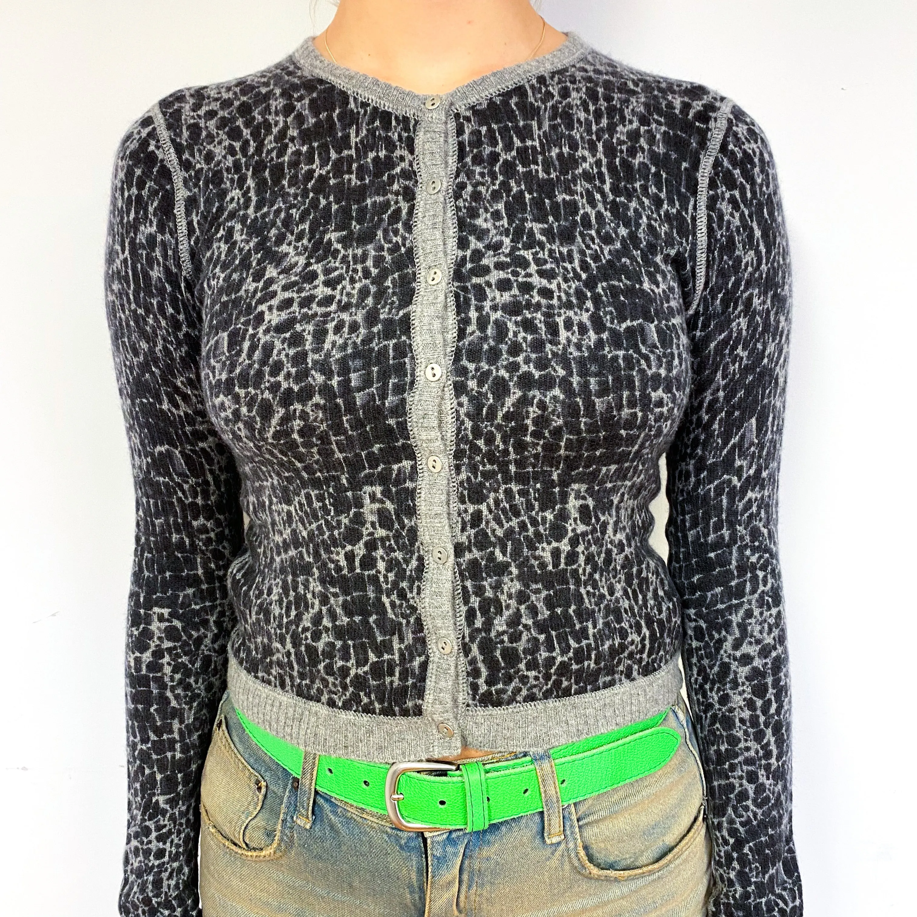 Grey Animal Print Cashmere Cropped Cardigan Small