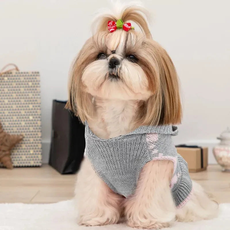 Grey-Pink Heart Hooded Dog Sweater Dress