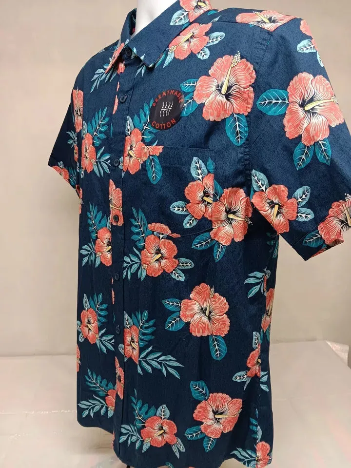 Haggar Mens Blue Red Hawaiian Tropical Short Sleeve Button Shirt