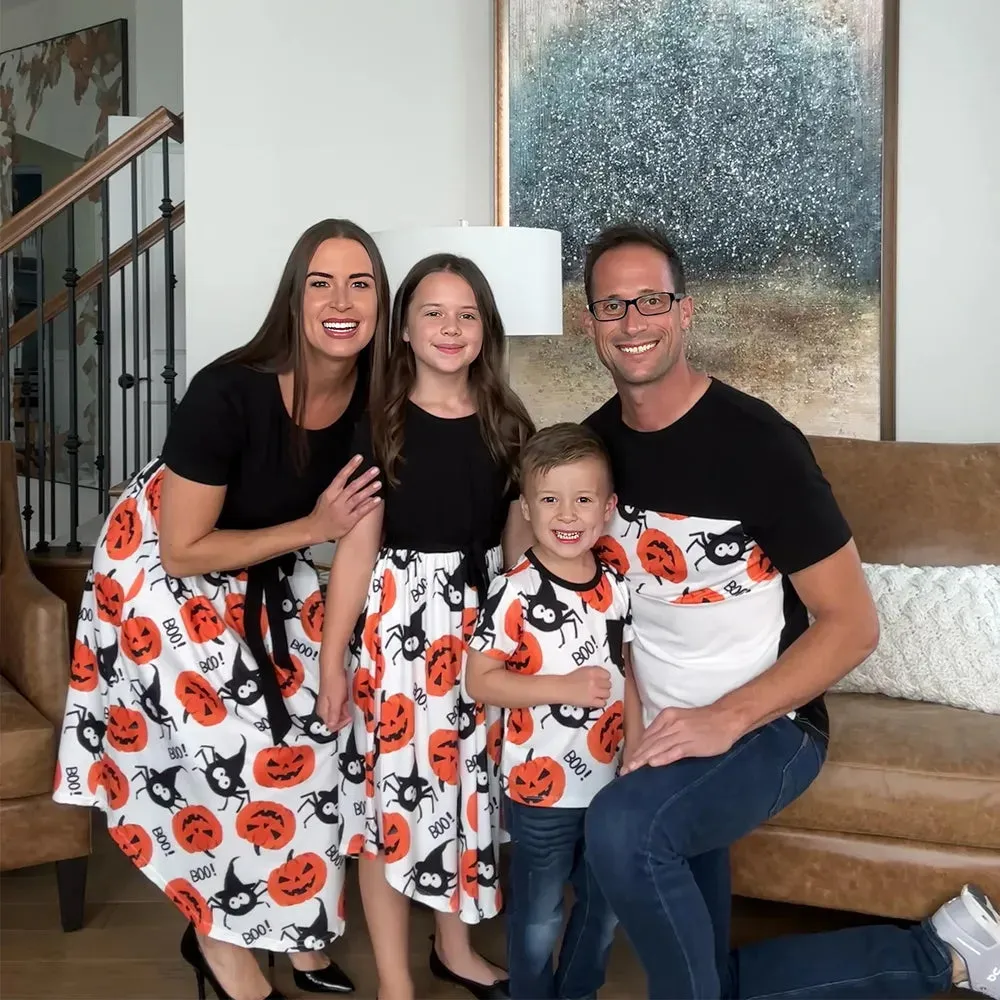 Halloween Family Matching  Dress Pumpkin Dresses and Short Sleeve T Shirt Tops Sets