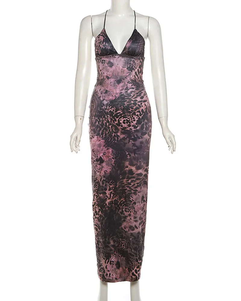 Halterneck Backless Slim-fitting Printed Hip Dress