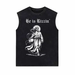 He Is Rizzin Jesus Holding Basketball Vintage Washed Vest Top