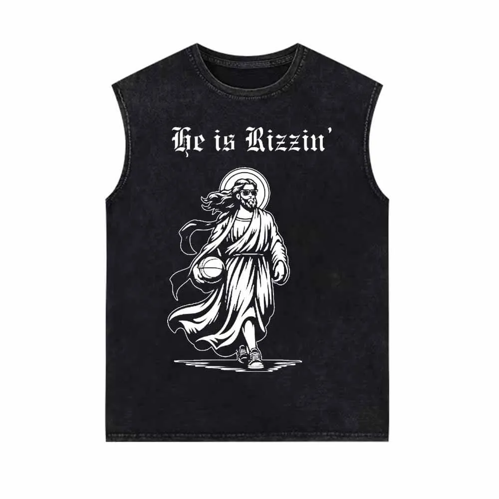 He Is Rizzin Jesus Holding Basketball Vintage Washed Vest Top