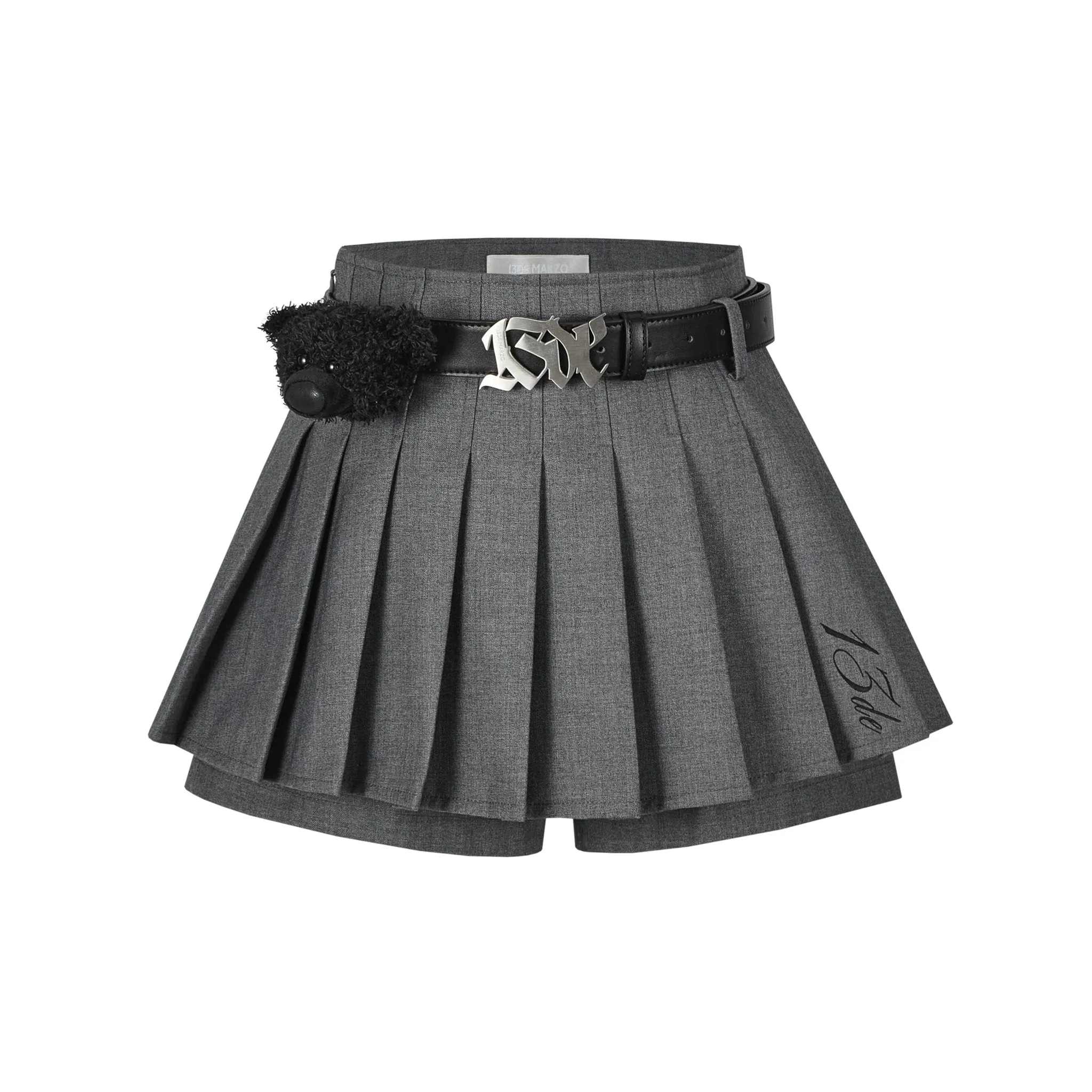 High Waist Belt Pleated Skirt in Gray
