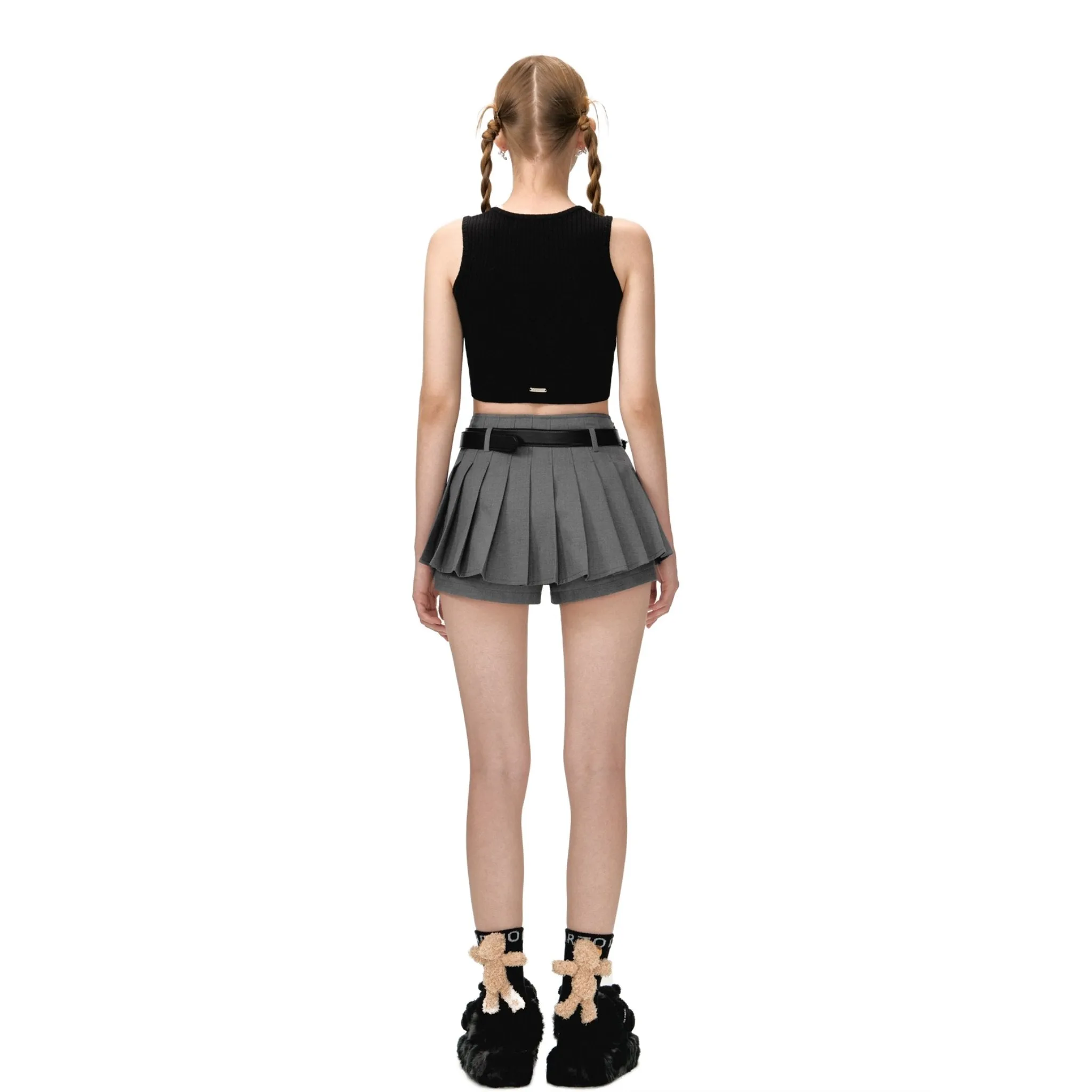 High Waist Belt Pleated Skirt in Gray