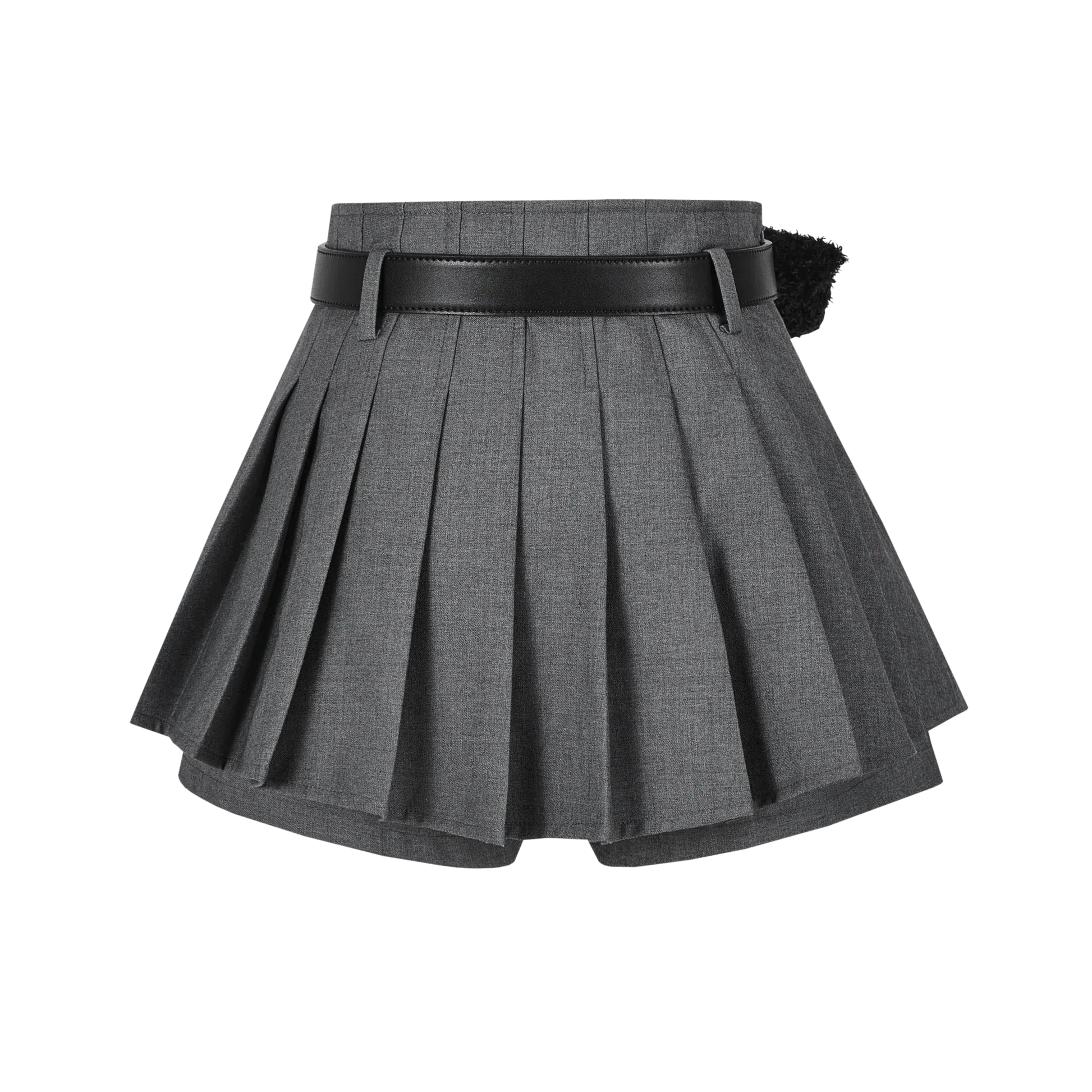 High Waist Belt Pleated Skirt in Gray