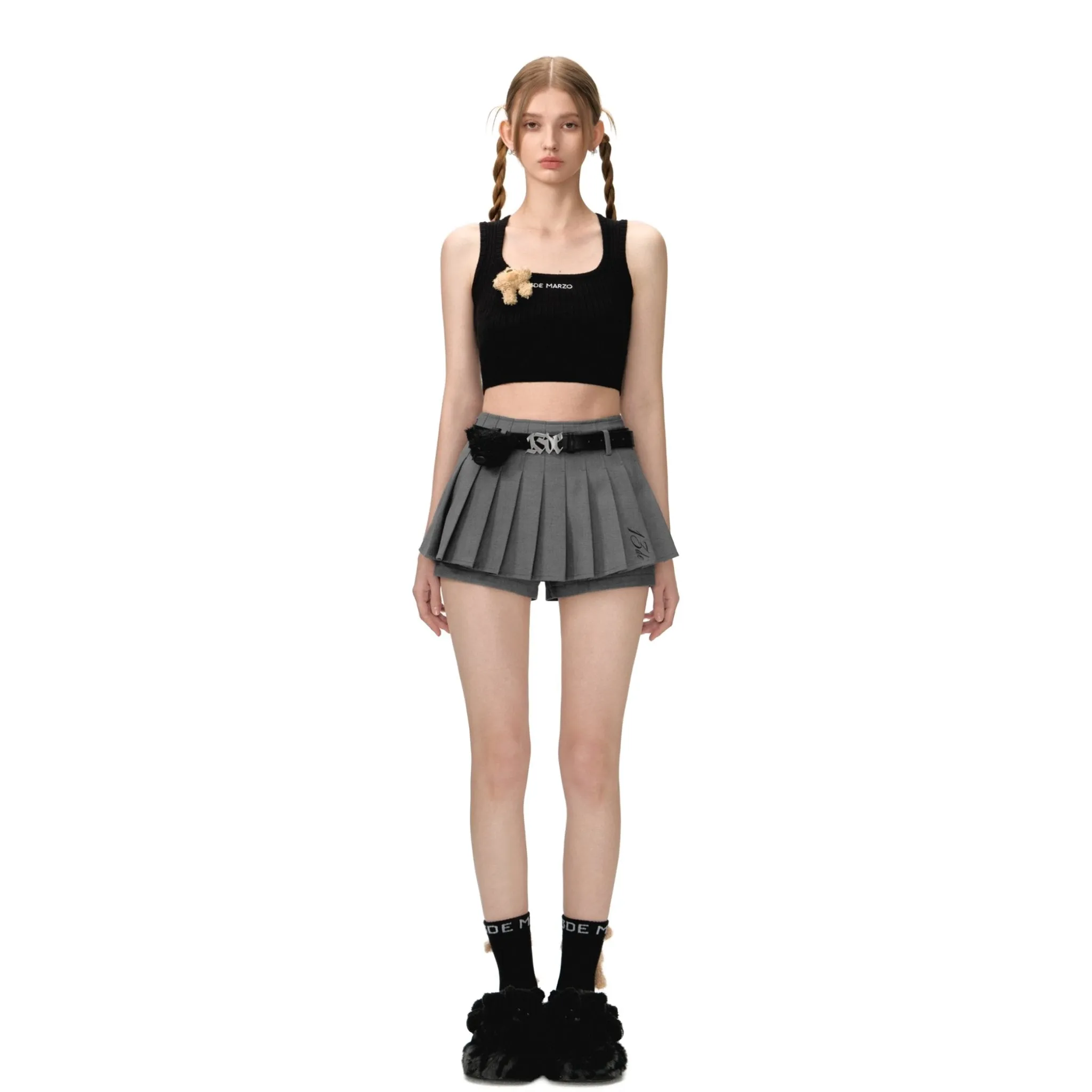 High Waist Belt Pleated Skirt in Gray