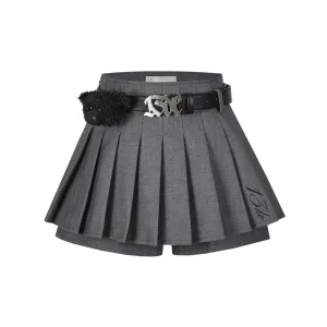 High Waist Belt Pleated Skirt in Gray