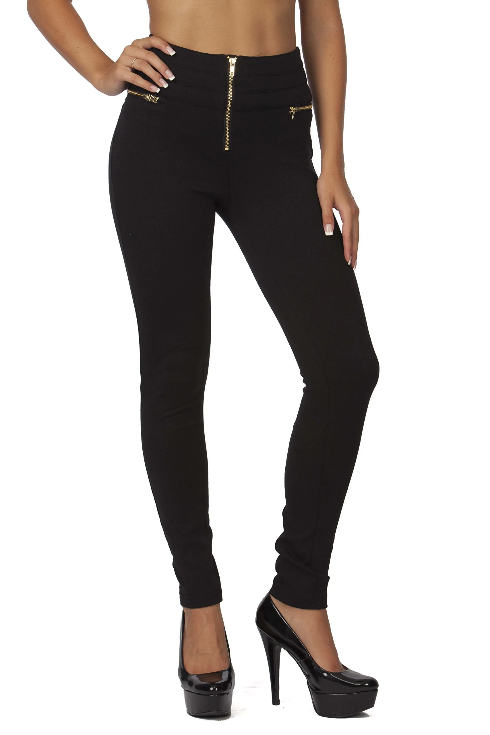 Hollywood Star Fashion Women's Elastic Waist Zipper Embellished High Waisted Jeggings