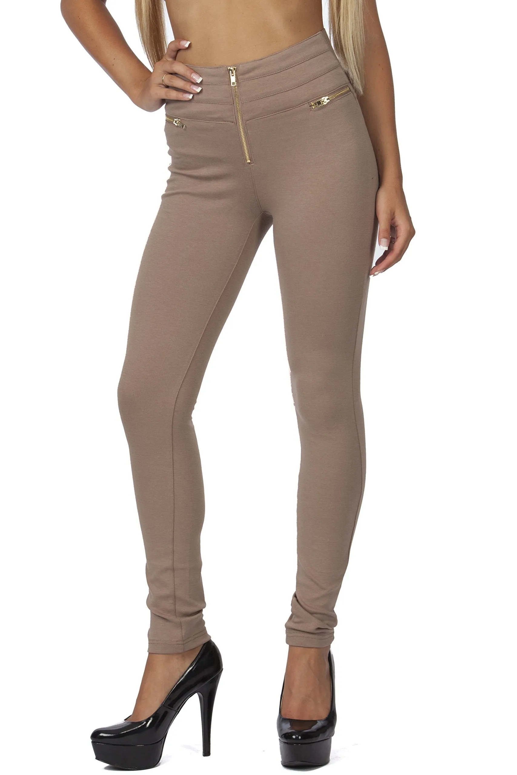 Hollywood Star Fashion Women's Elastic Waist Zipper Embellished High Waisted Jeggings