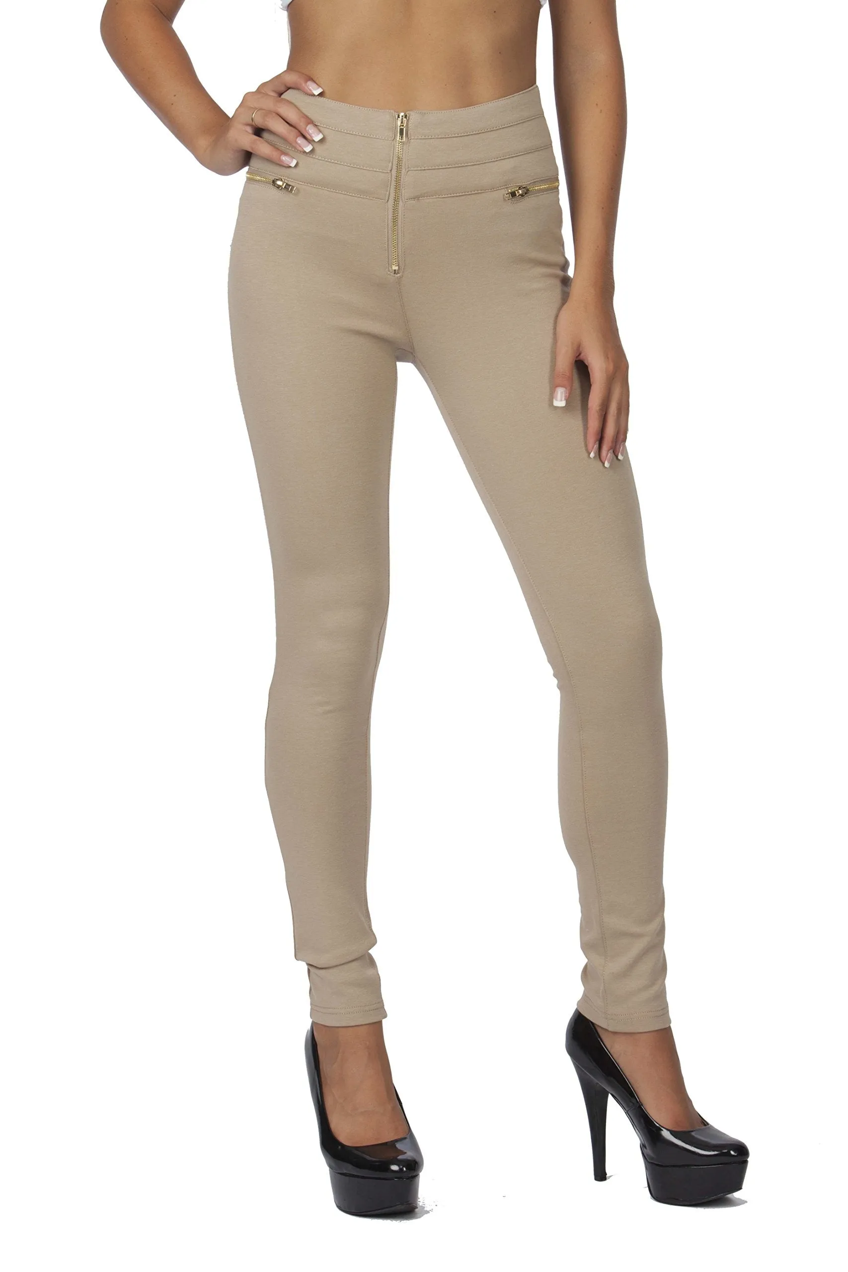 Hollywood Star Fashion Women's Elastic Waist Zipper Embellished High Waisted Jeggings