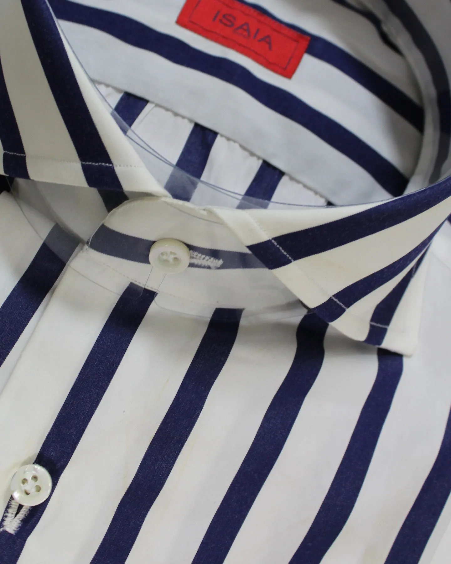 Isaia Dress Shirt White Navy Bengal Stripes 38 - 15