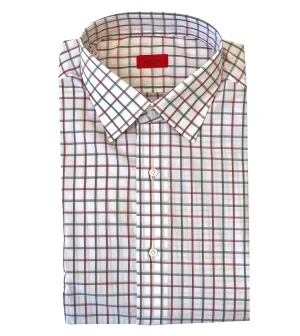 ISAIA White with Red and Grey Windowpane Dress Shirt