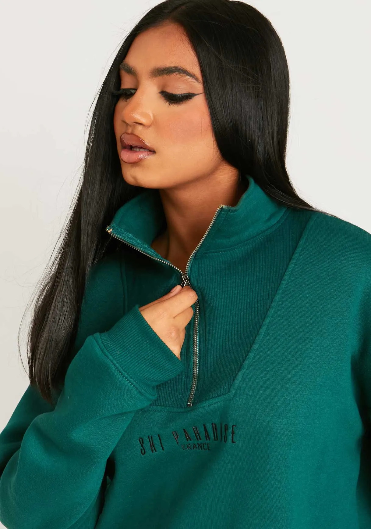 Jamilla Dark Green Ski Paradise Embroidered Half Zip Sweater Dress