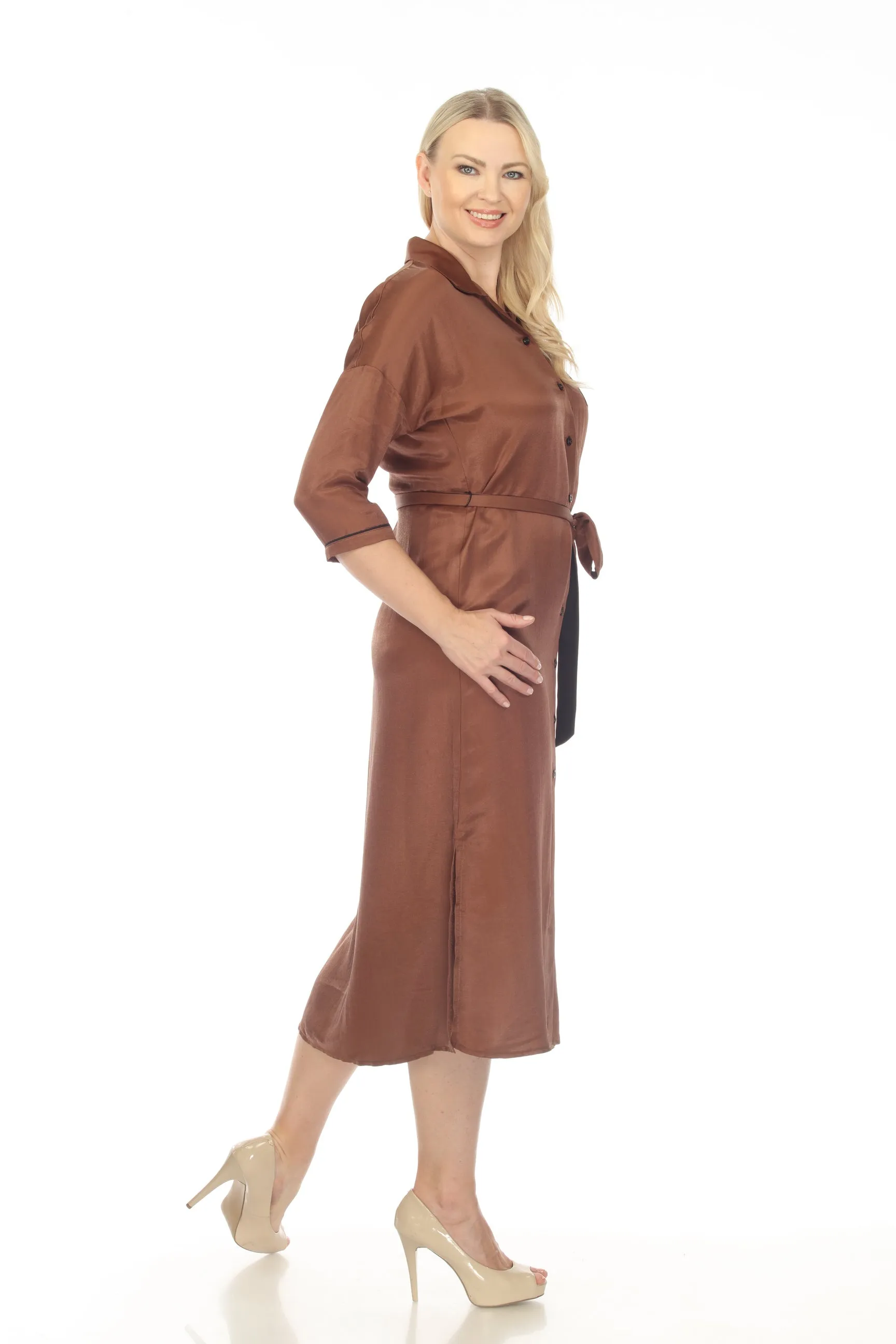 Joseph Ribkoff Toffee/Black Belted Button-Down Midi Shirt Dress 233258