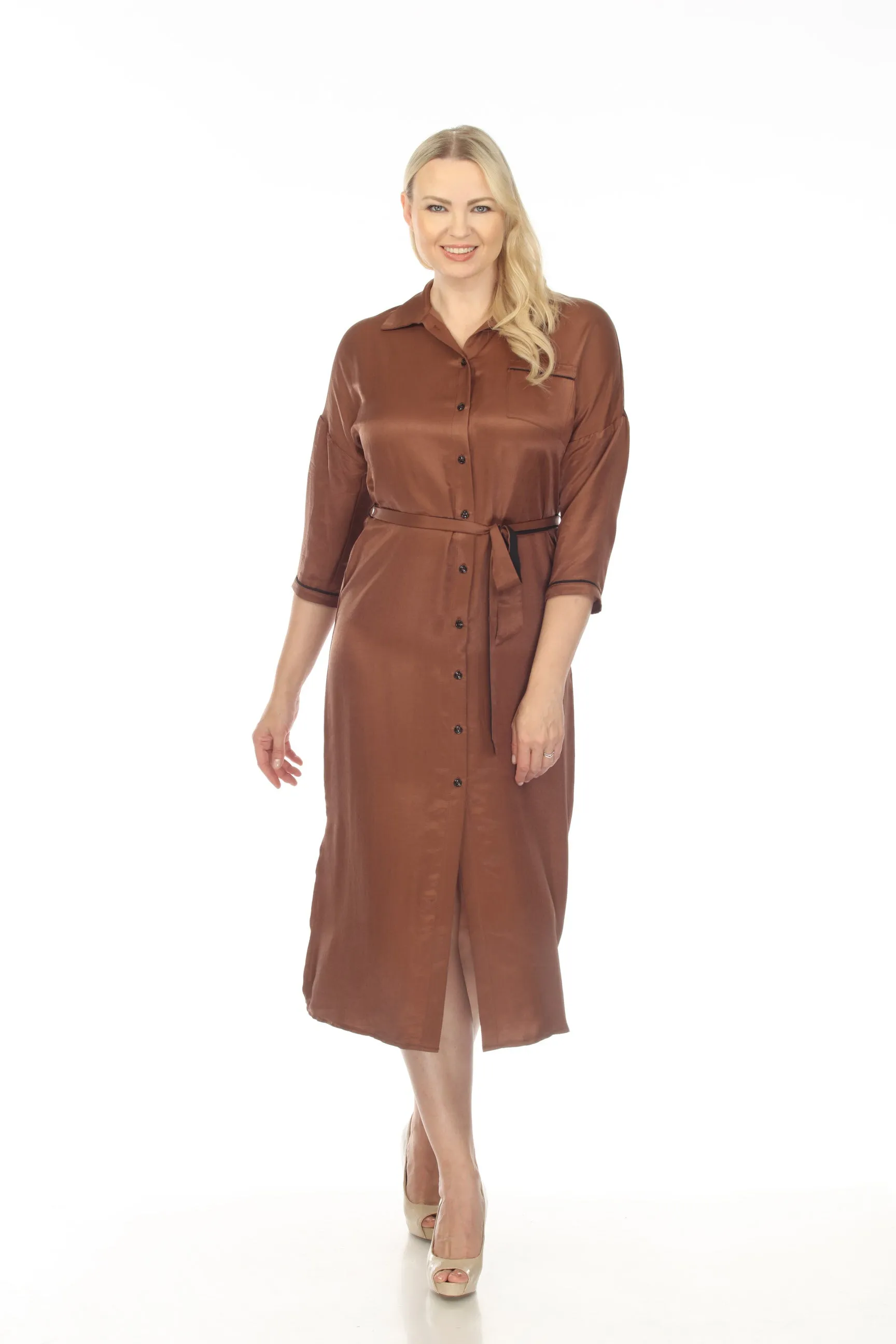 Joseph Ribkoff Toffee/Black Belted Button-Down Midi Shirt Dress 233258