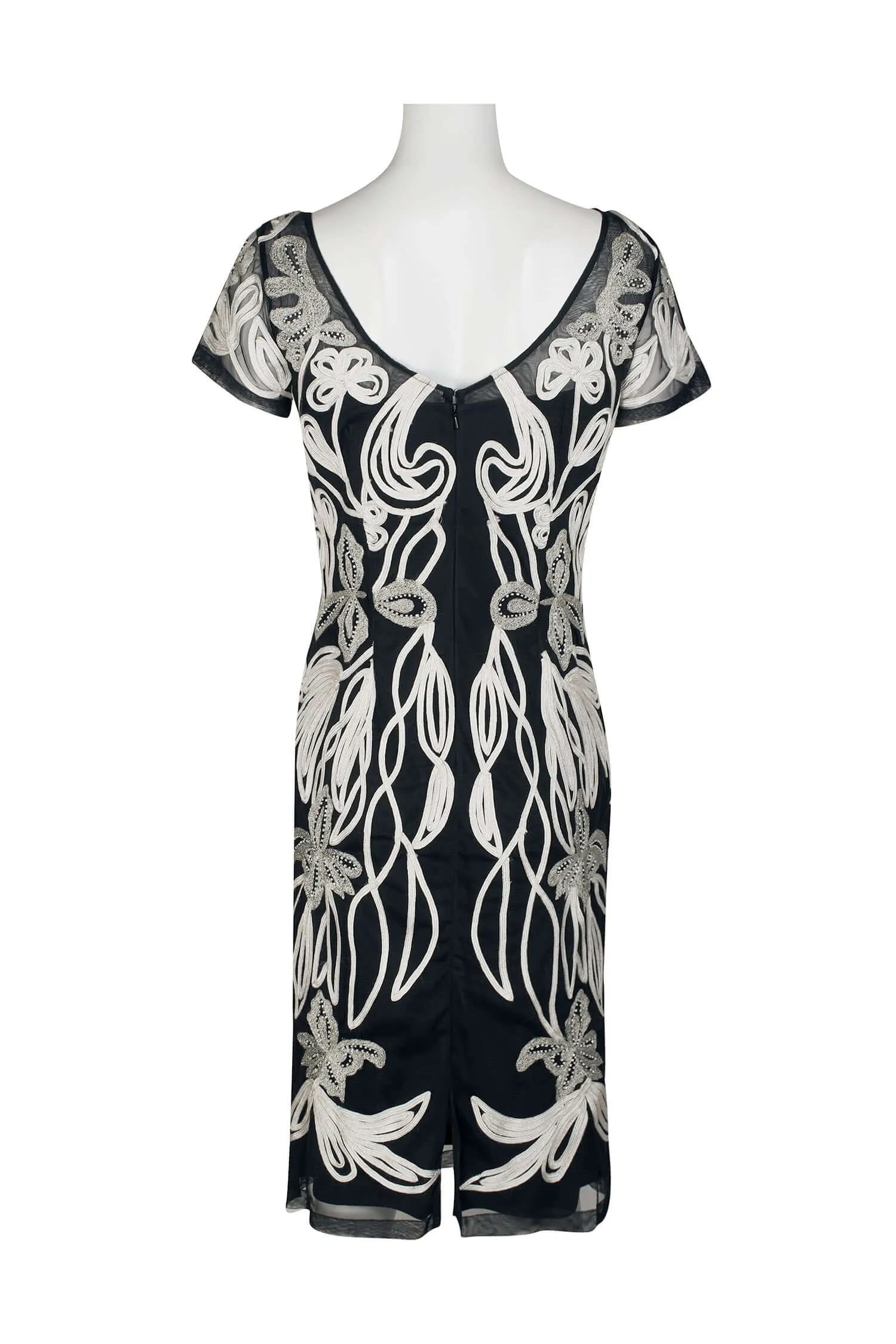 JS Collections Boat Neck Short Sleeve Zipper Back Art Nouveau Illusion Embellished Mesh Dress