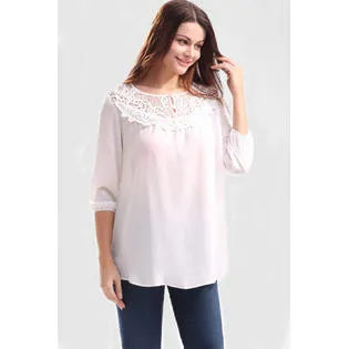 Ketty More Women Casual Hollow Neck Lace Neck Chiffon Top-KMWSB986