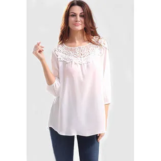 Ketty More Women Casual Hollow Neck Lace Neck Chiffon Top-KMWSB986