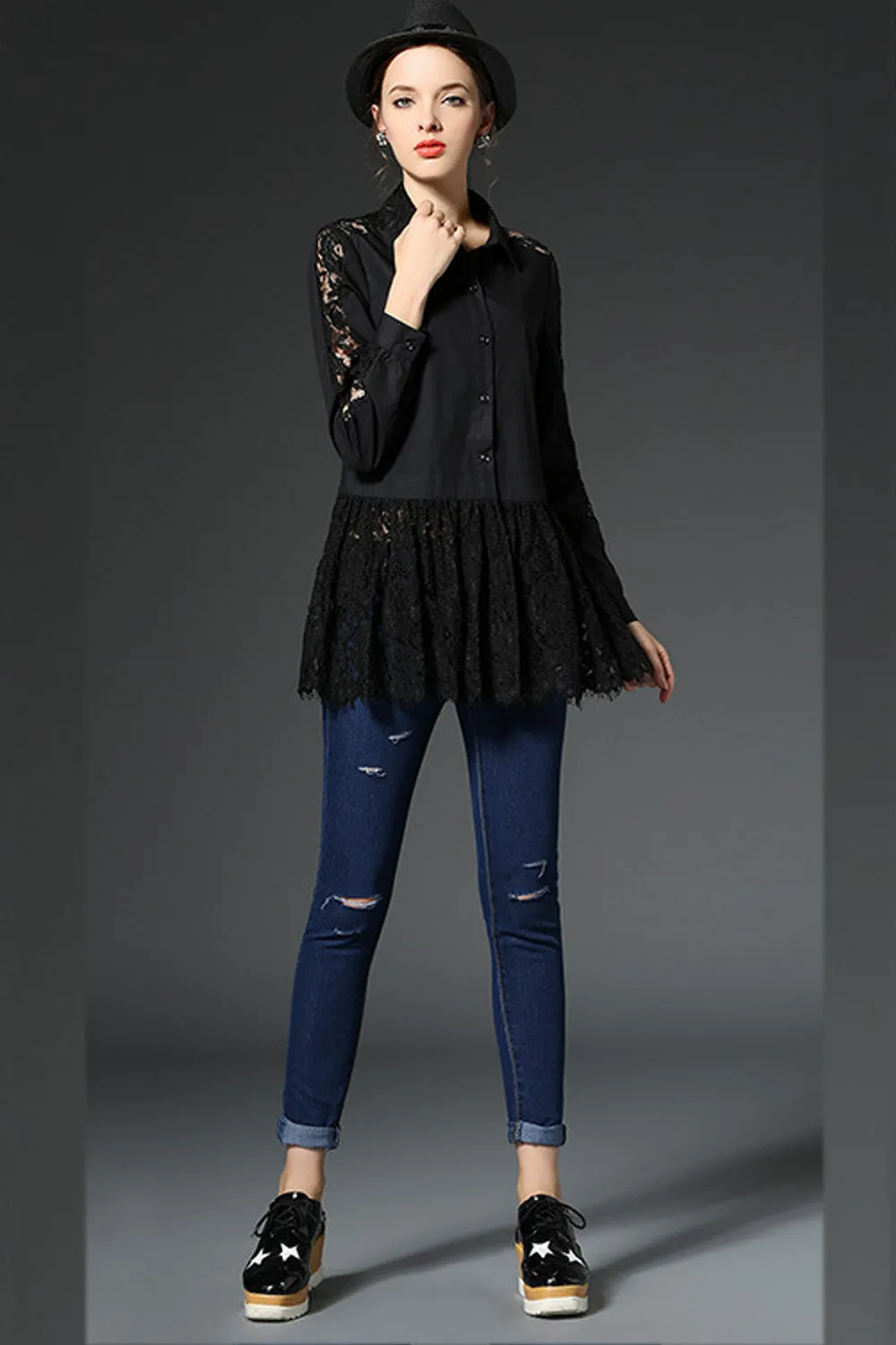 Ketty More Women Long Transparent Flower Sleeves Top -KMWSB784