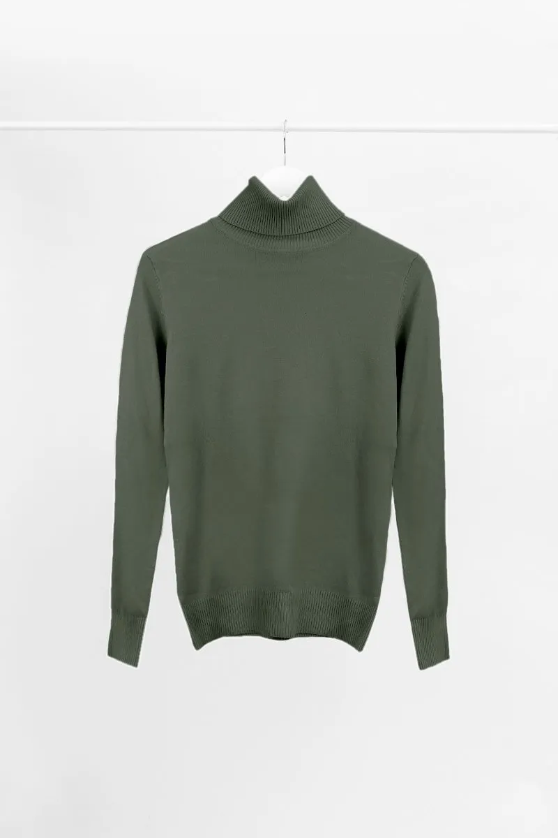 KHAKI ROLL NECK KNIT