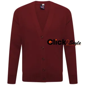 Kids Boys Girls School Uniform Knitted Cardigan V Neck Button UP Front Jumpers -Maroon / Wine