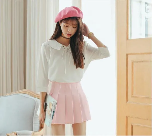 Korean College Skirt Solid Colored All-Matching Slim Look Saucy Pleated Tennis Women Skirt