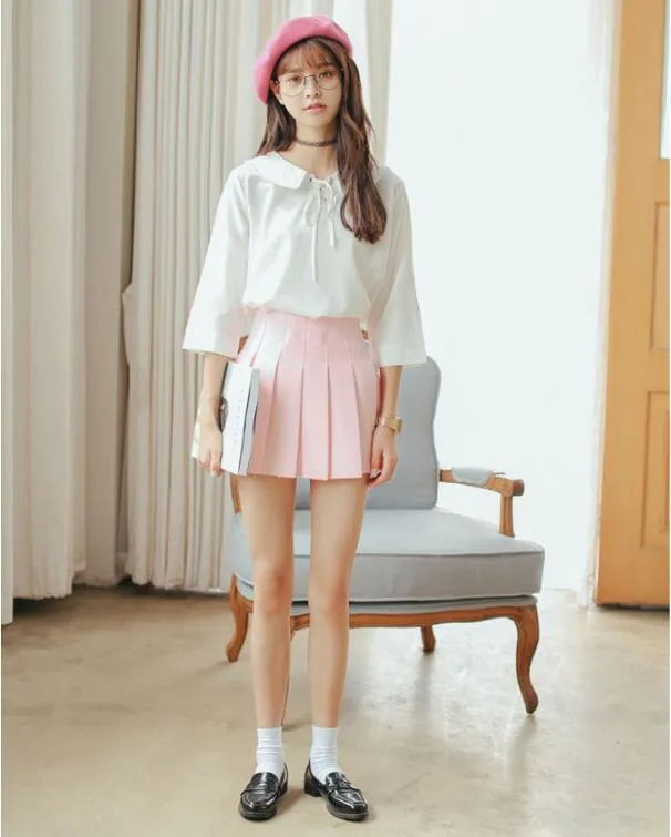 Korean College Skirt Solid Colored All-Matching Slim Look Saucy Pleated Tennis Women Skirt